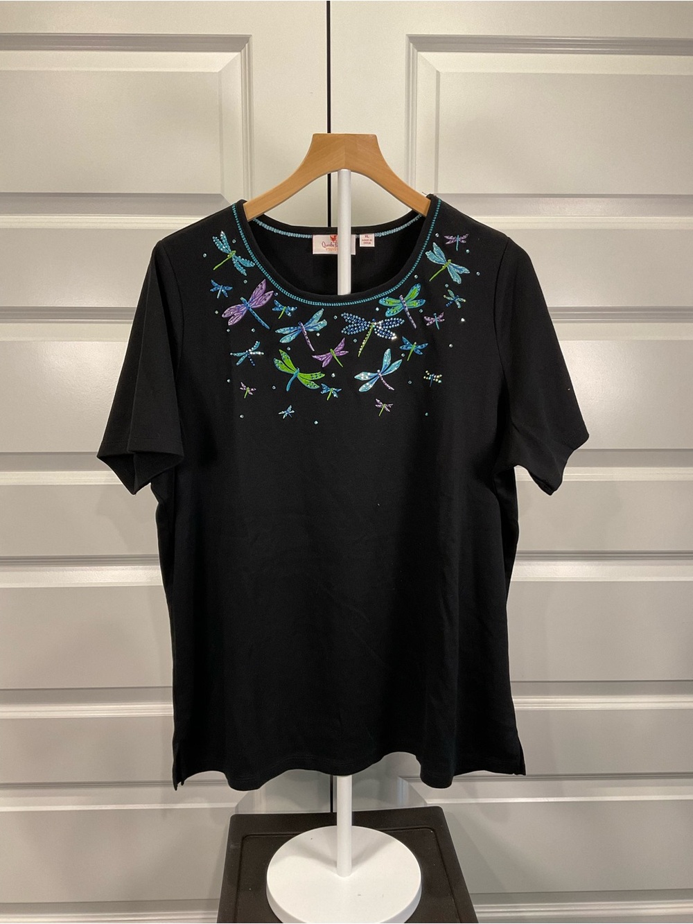 Quacker Factory Black Short Sleeve Top with Colorful Embroidered Dragonflies